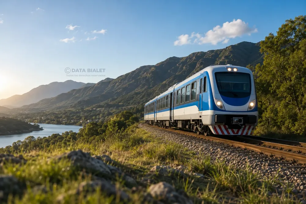 Tren moderno en valle montañoso